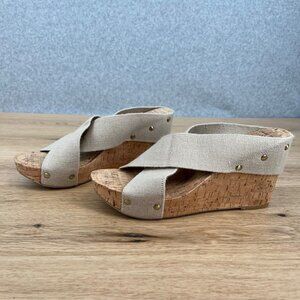 Lucky Brand Miller Wedges Heel Sandals Size 10 Tan Fabric Cork Studded Platform